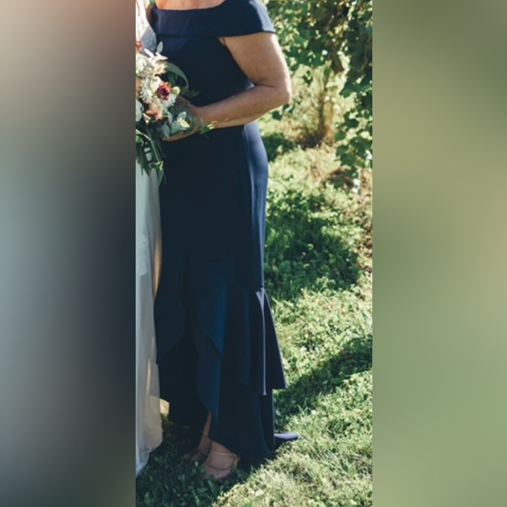 Adrianna Papell Navy Off-the-Shoulder Maxi Gown - Picture 2 of 10